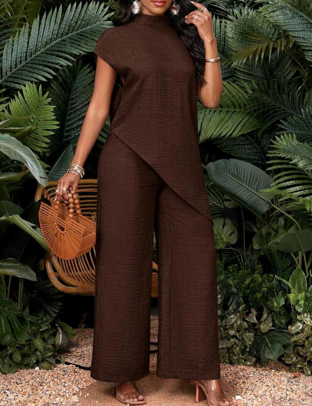 Conjunto de dos piezas de top y pantalones de talla grande, unicolor casual con bajo asimétrico