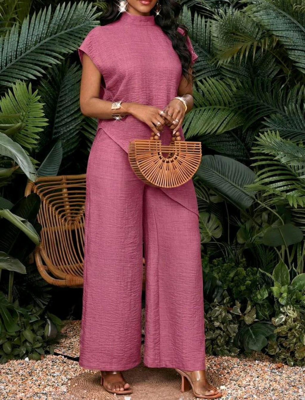Conjunto de 2 piezas de top y pantalones de unicolor con bajo asimétrico para vacaciones de mujer