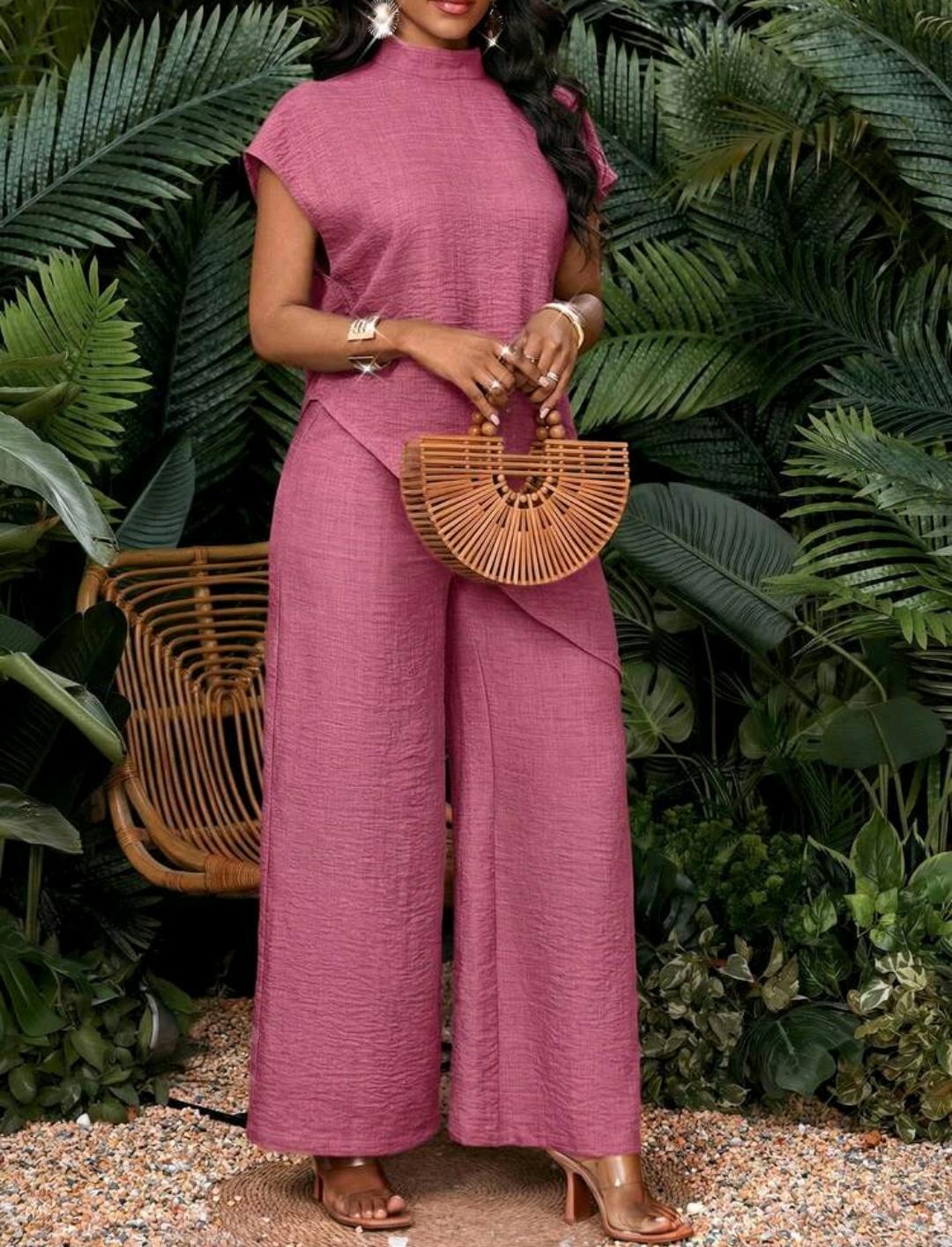 Conjunto de 2 piezas de top y pantalones de unicolor con bajo asimétrico para vacaciones de mujer