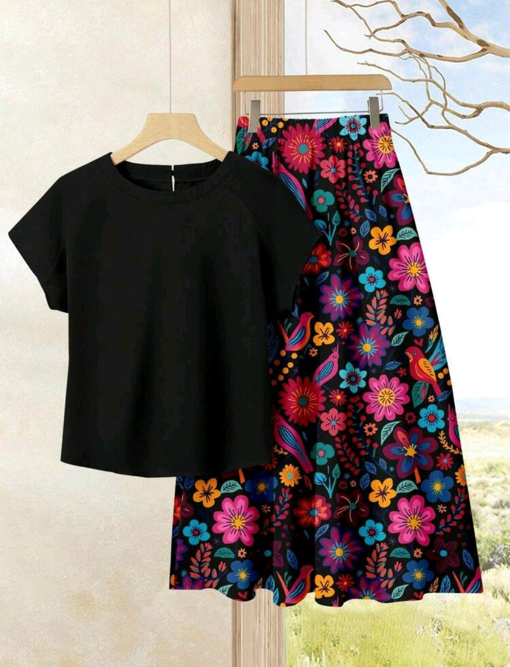 Conjunto de 2 piezas para mujer, top de unicolor + falda estampada, atuendo casual de vacaciones de verano.