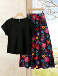 Conjunto de 2 piezas para mujer, top de unicolor + falda estampada, atuendo casual de vacaciones de verano.