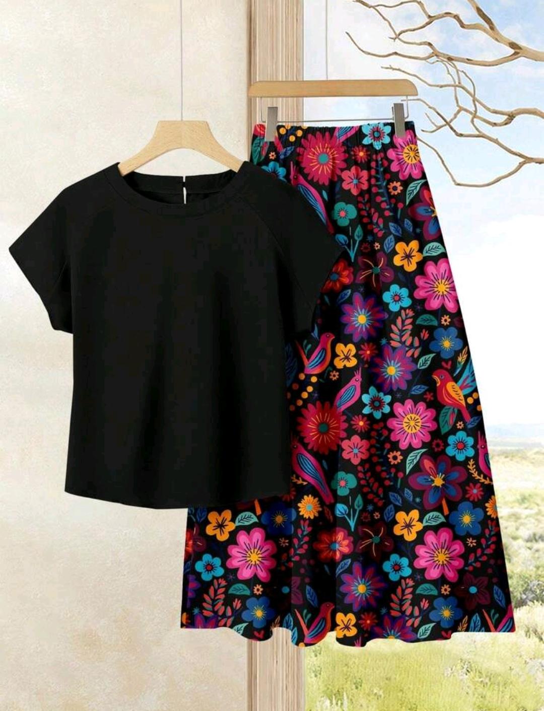 Conjunto de 2 piezas para mujer, top de unicolor + falda estampada, atuendo casual de vacaciones de verano.