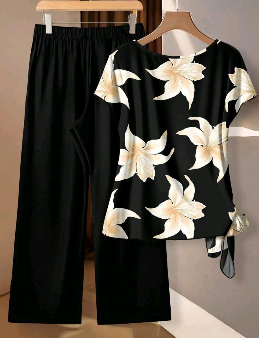 Conjunto de 2 piezas de blusa con estampado de flor de lirio y lazo, y pantalones rectos holgados para mujer