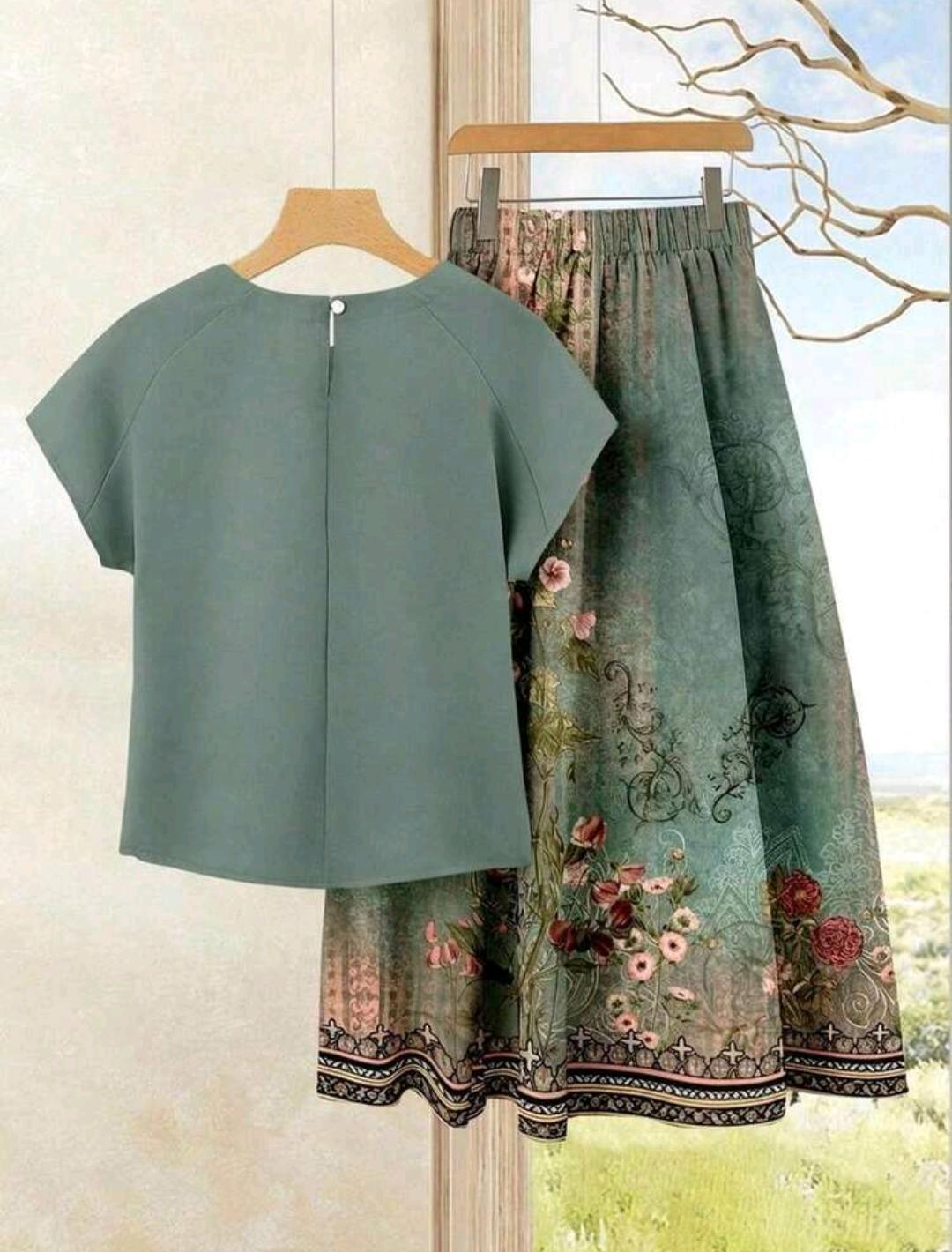 2 piezas Conjunto de top casual de unicolor + falda estampada para vacaciones de verano.