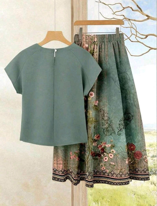 2 piezas Conjunto de top casual de unicolor + falda estampada para vacaciones de verano.