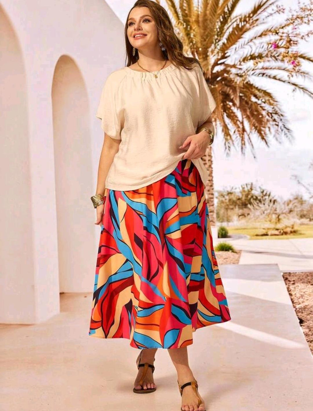 EMERY ROSE Conjunto de 2 piezas de talla grande para vacaciones de verano con blusa de manga murciélago de unicolor y minifalda con estampado total, ropa de verano para mujeres de talla grande, ropa de verano.