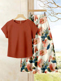 Rusticease 2 piezas Conjunto casual de verano para mujer con parte superior de unicolor + falda estampada floral, estilo casual.