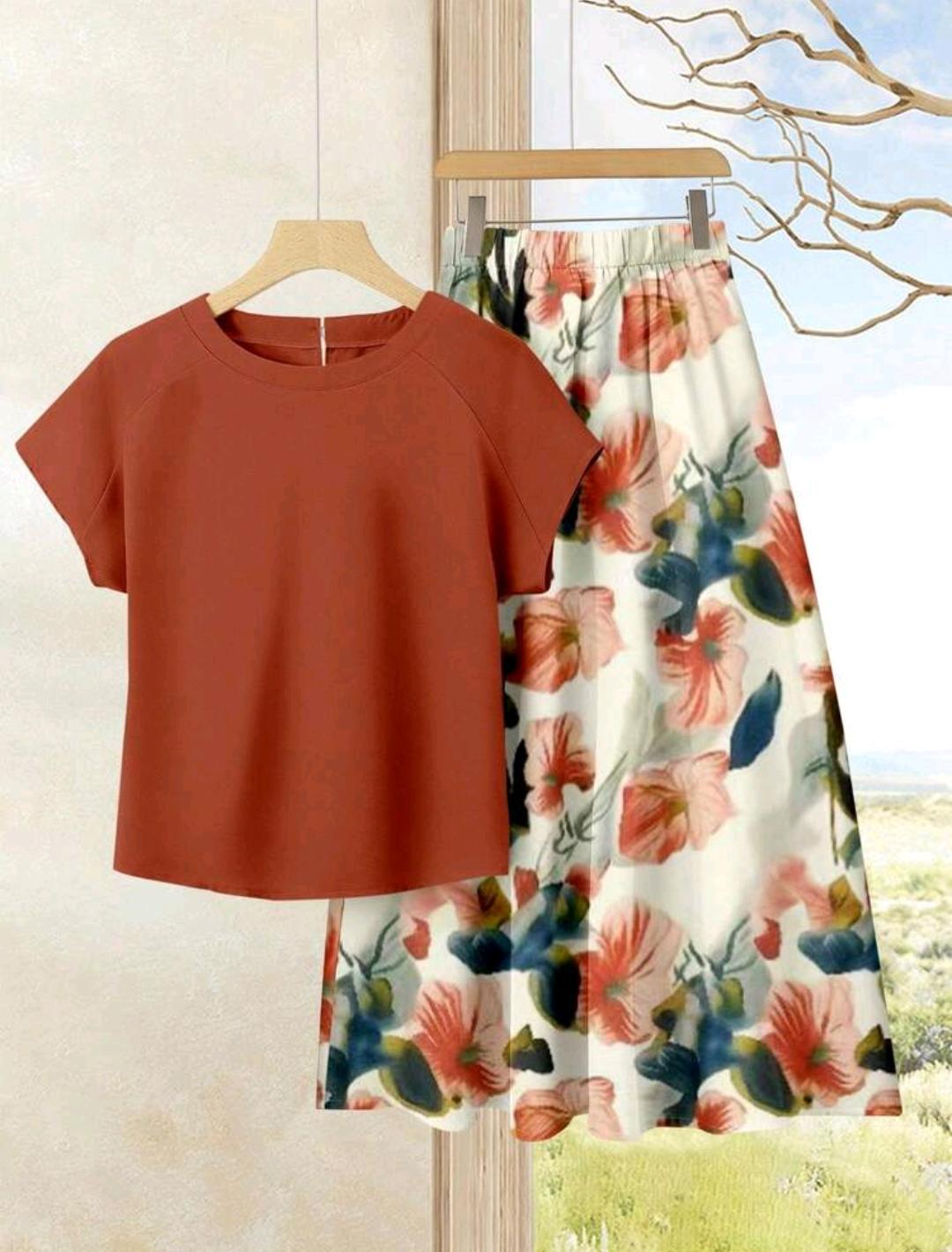 Rusticease 2 piezas Conjunto casual de verano para mujer con parte superior de unicolor + falda estampada floral, estilo casual.