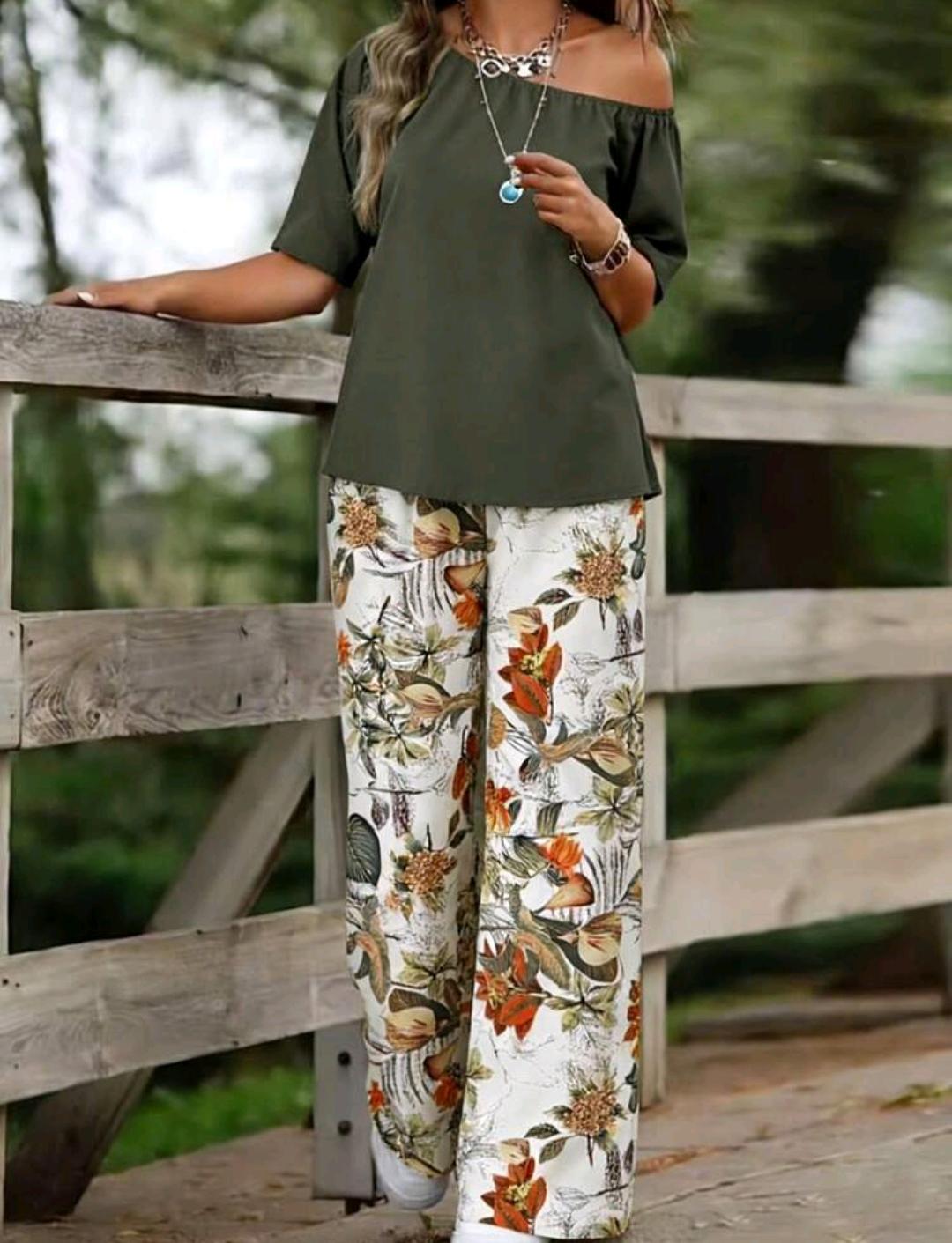 Conjunto casual de 2 piezas para vacaciones con top de hombro asimétrico con estampado de hojas y pantalones de pierna recta, primavera/verano, para mujeres.