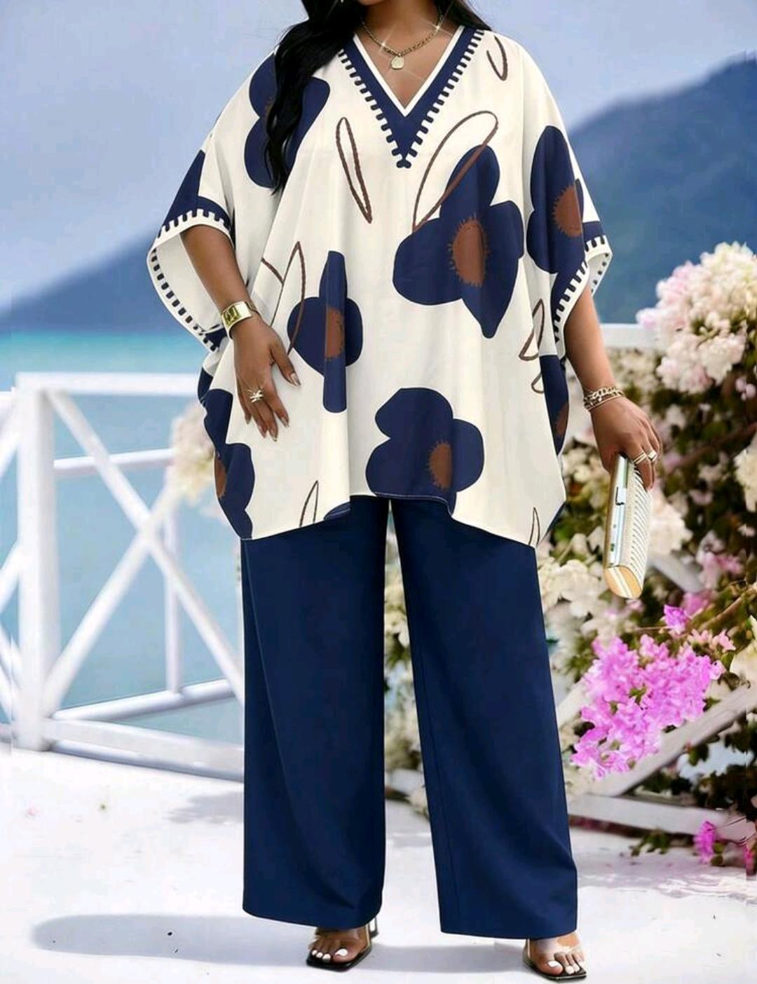 SHEIN Lady Conjunto de 2 piezas de talla grande con estampado vintage, suelto y elegante. Conjunto de 2 piezas de verano estilo bohemio modesto.
