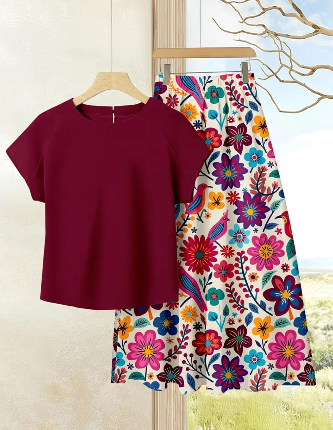 Conjunto de 2 piezas de falda con estampado de flores y blusa unicolor.