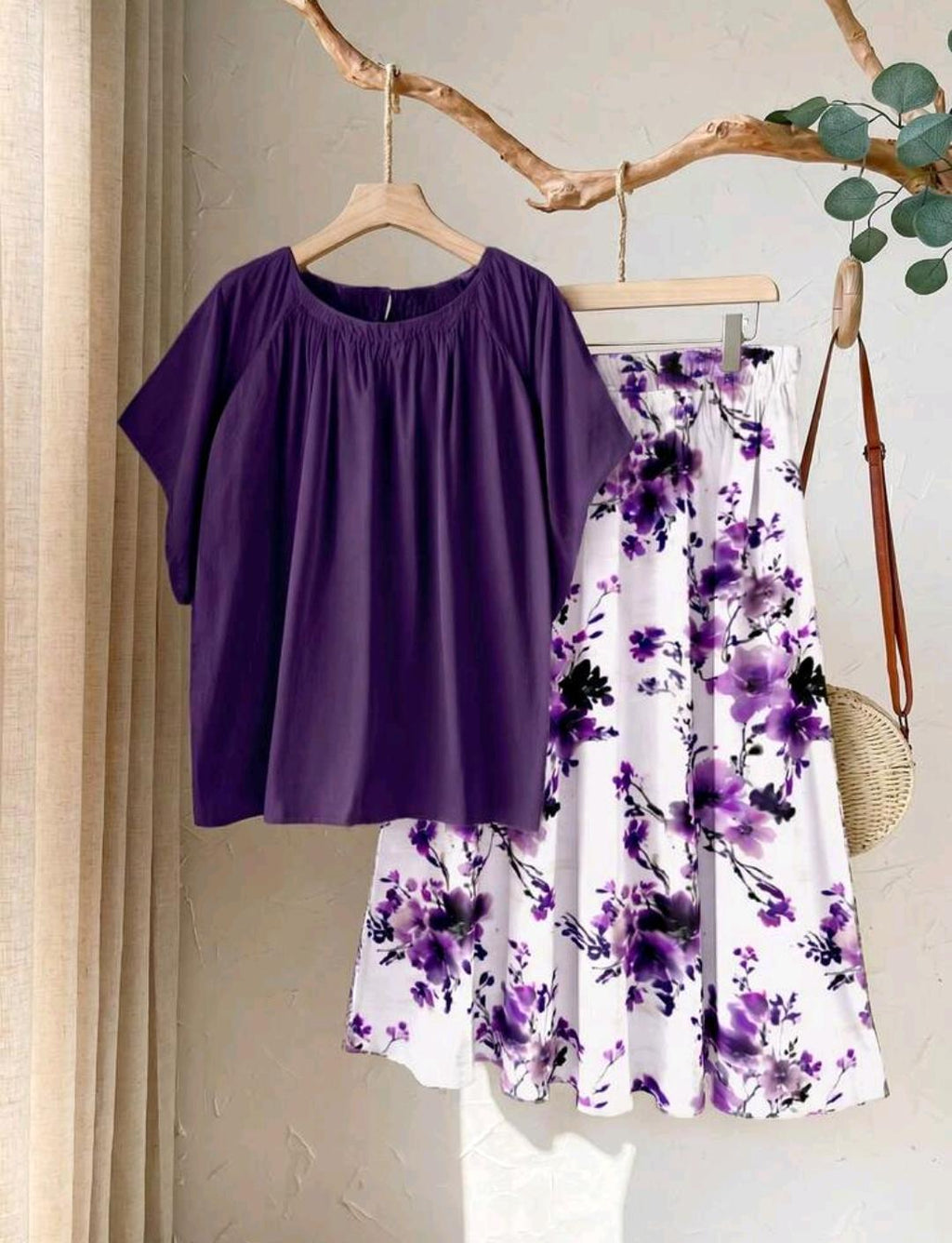 Conjunto de 2 piezas casual romántico con estampado floral púrpura para mujer talla grande, conjunto de 2 piezas púrpura talla grande, atuendo de vacaciones, ropa de verano