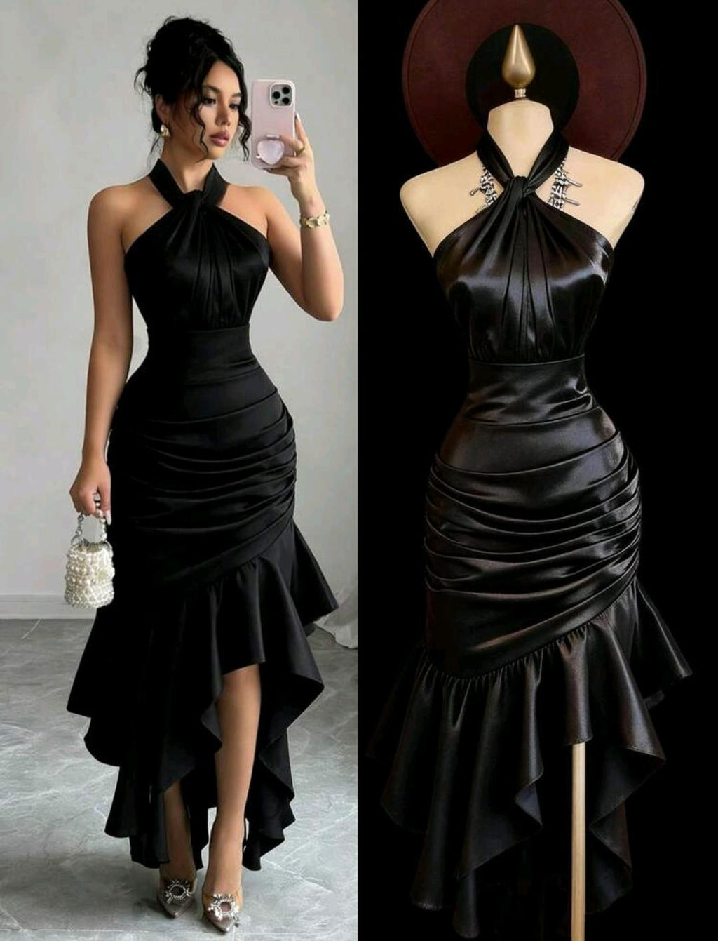 Vestido elegante con cuello halter y volantes | Bajo pedido