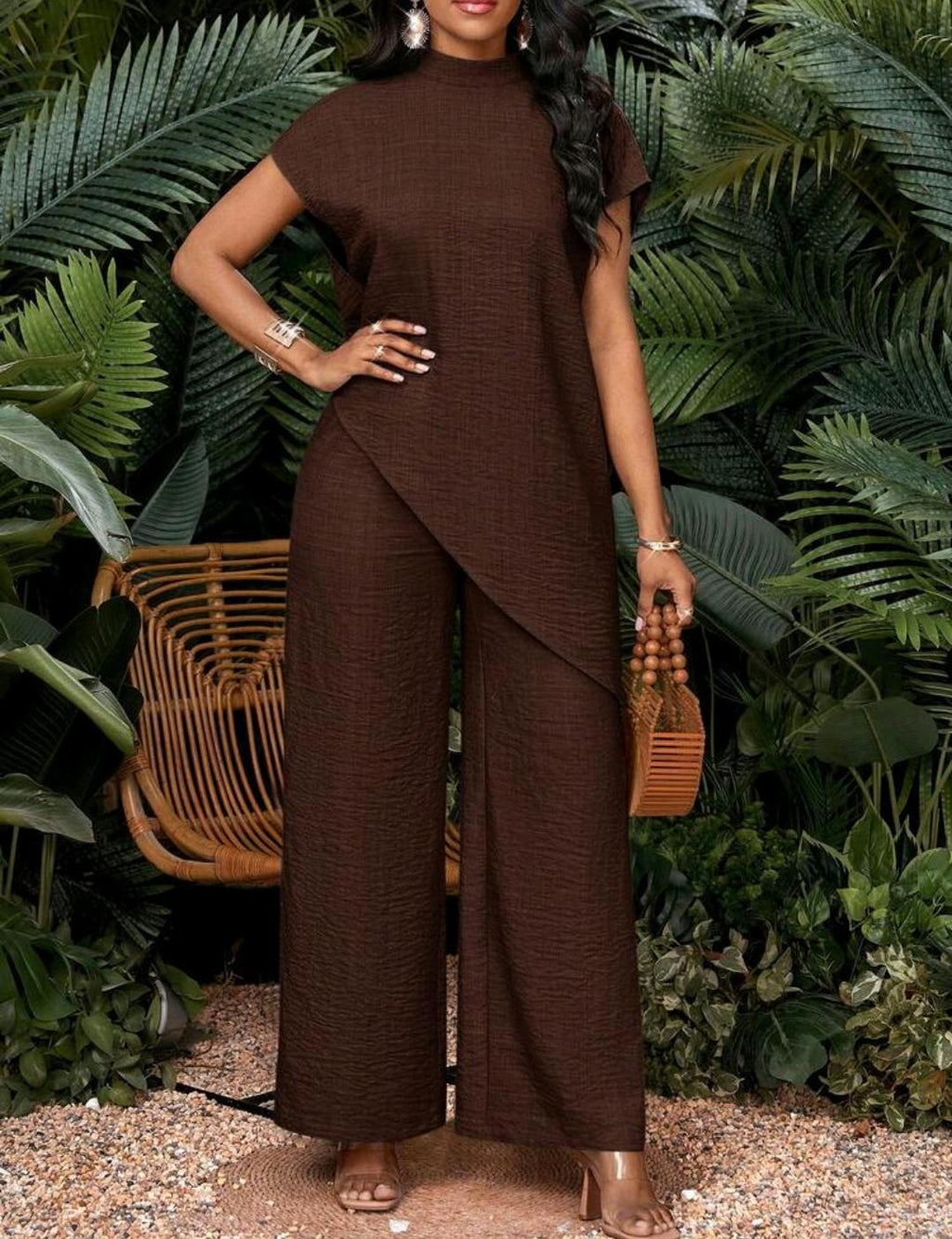 Conjunto de dos piezas de top y pantalones de talla grande, unicolor casual con bajo asimétrico