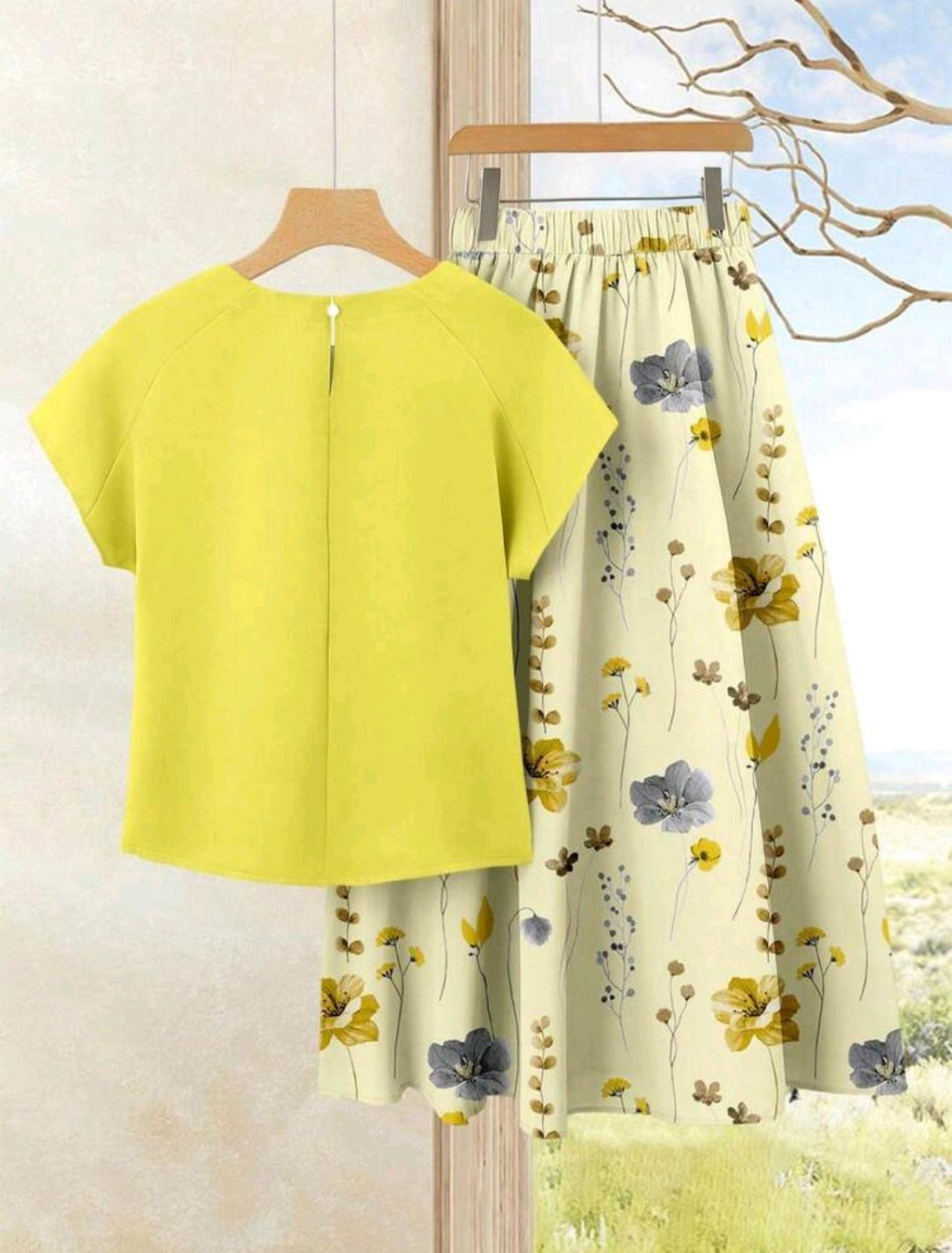 SHEIN LUNE 2 piezas Conjunto de top casual de unicolor + falda estampada para vacaciones y disfrutar del verano.