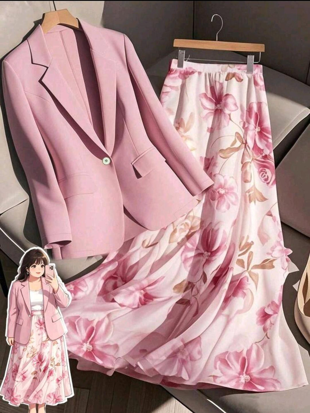 GlowEve CURVE Conjunto de 2 piezas de mujer talla grande con blazer elegante y estampado floral y falda holgada de línea A, conjunto de traje sastre informal de negocios, traje de falda con estampado floral y blazer para primavera.