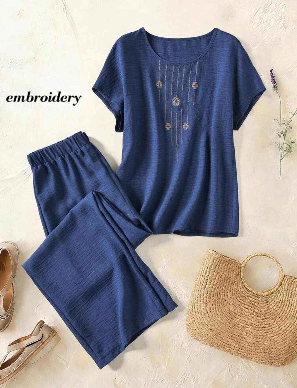 Rusticease Conjunto de 2 piezas de top de manga corta y pantalon largo para mujer talla grande, ropa de verano y primavera, estilo campestre, oficina, vacaciones, formal, azul marino, casual, suave y con forma.