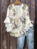 Blusa floral con cuello en V y mangas con volantes | Bajo pedido