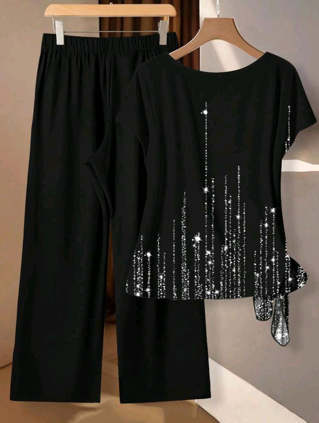 Conjunto de 2 piezas con camisa de mujer  estampado de lazo de lentejuelas, pantalones rectos sueltos, adecuado para salidas, fiestas, citas.