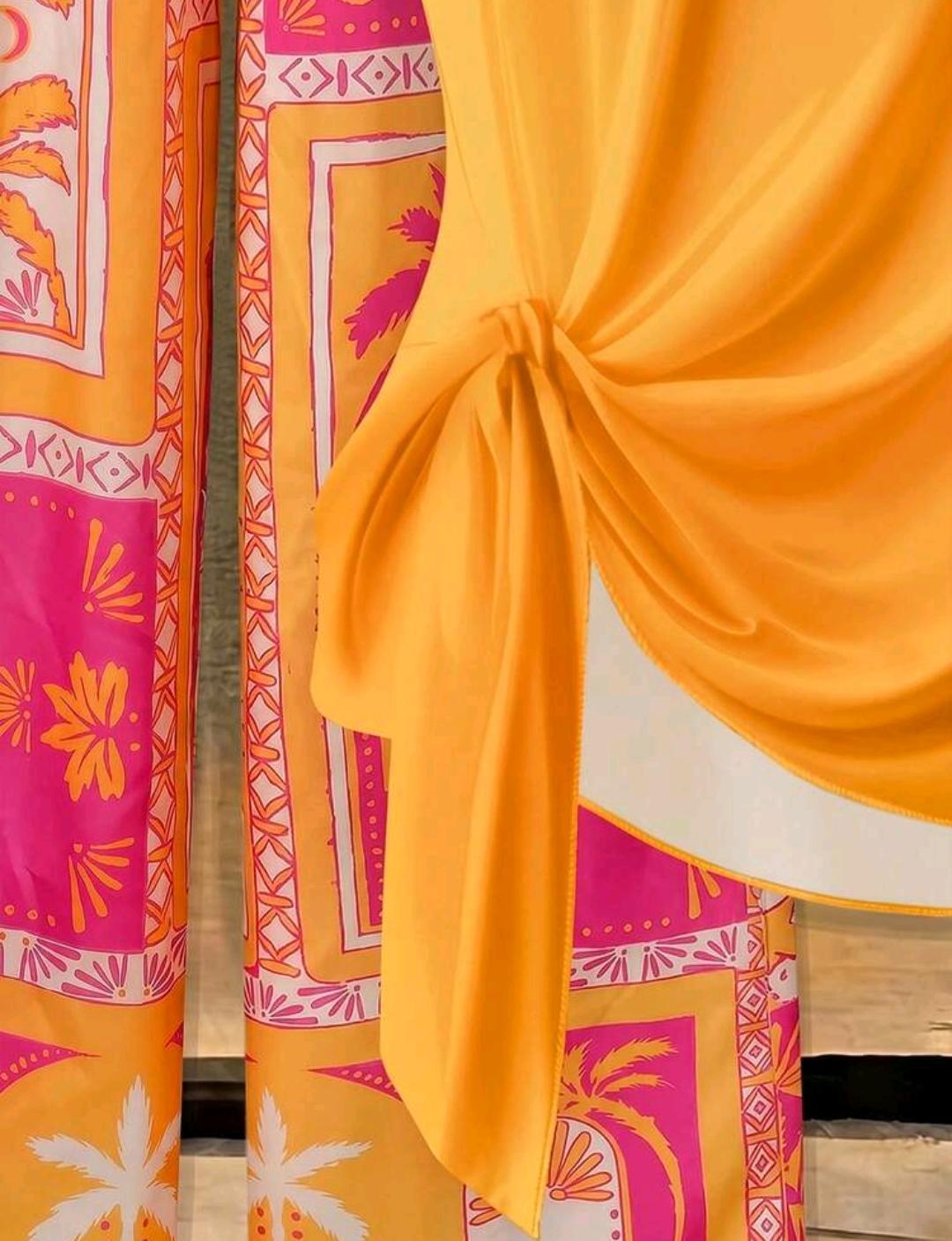 Conjunto informal de 2 piezas para mujer con camisa de cuello redondo de manga corta y unicolor con nudo y pantalones con estampado de palmeras