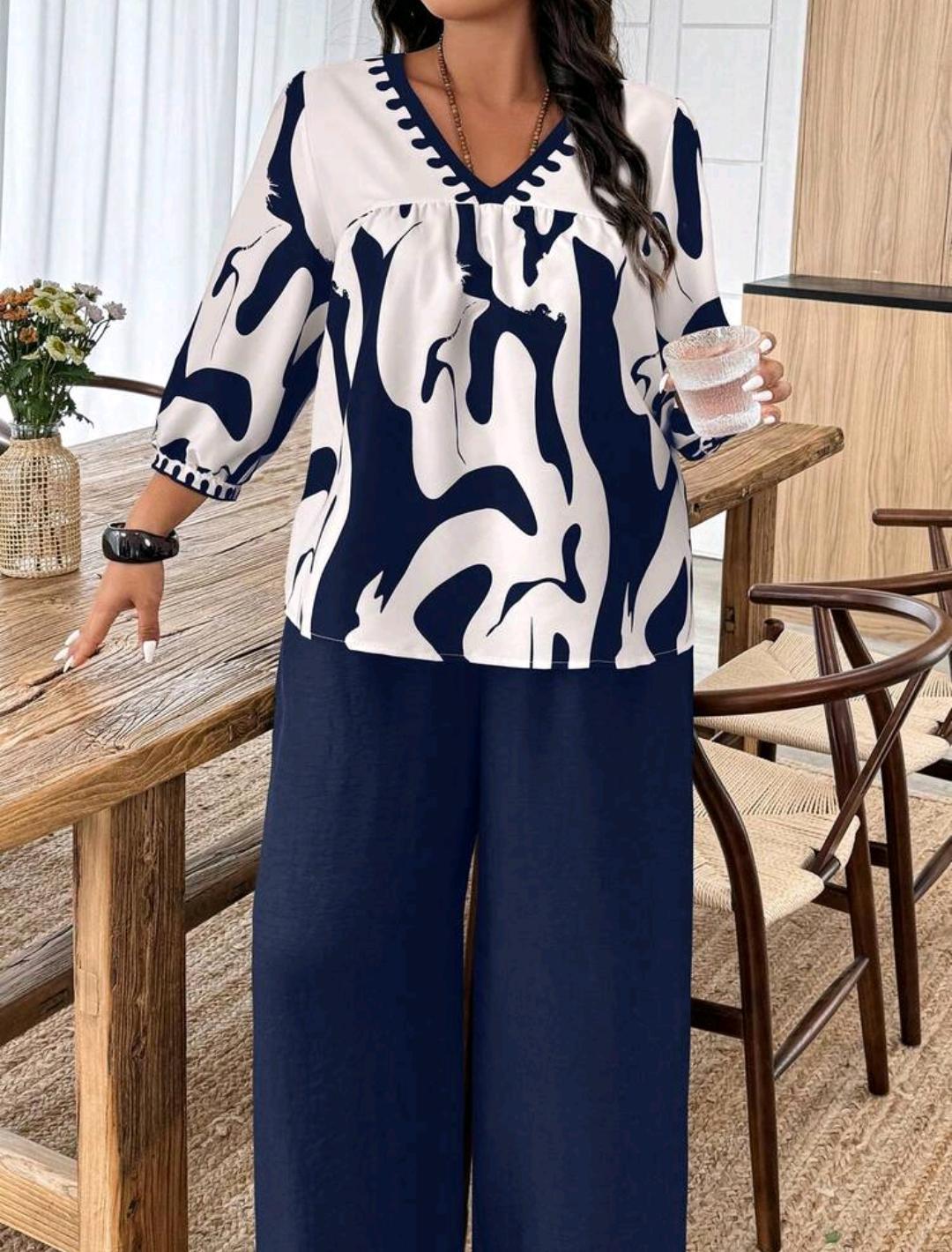 SHEIN LUNE Conjunto informal de blusa de manga farol con cuello en V y pantalón de pierna ancha para mujer talla grande, adecuado para uso diario, fiestas y vacaciones.