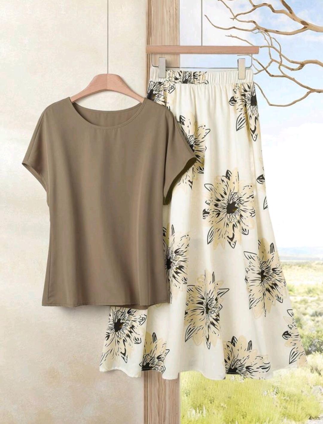 Set de 2 piezas: Blusa unicolor y falda con estampado floral, conjunto de 2 piezas para vacaciones en la playa.