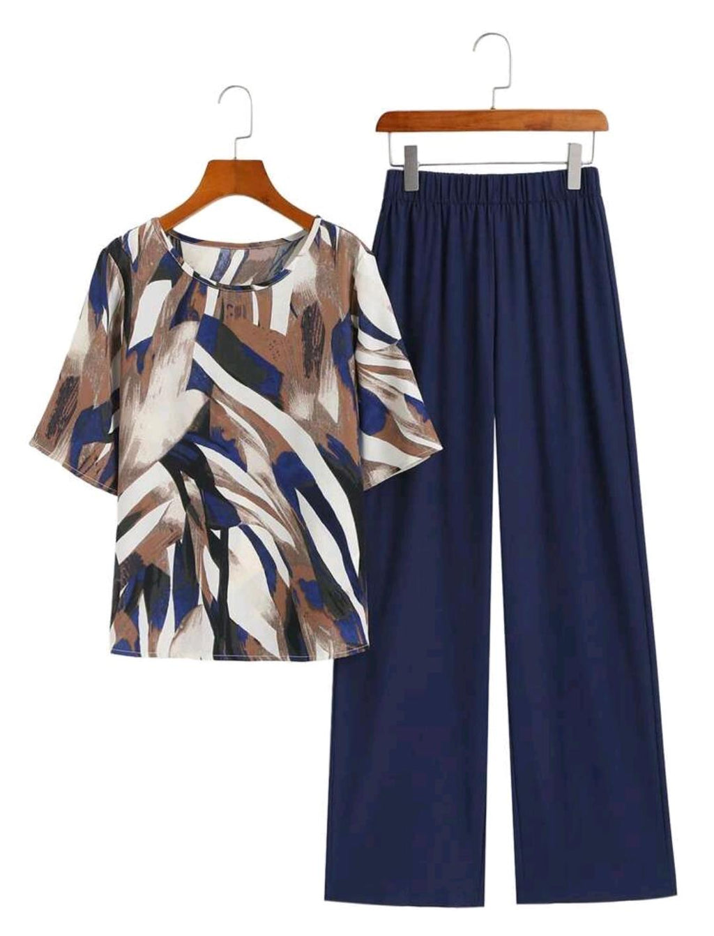Conjunto de 2 piezas: Blusa de manga corta con cuello redondo y estampado total y pantalones para mujer en verano