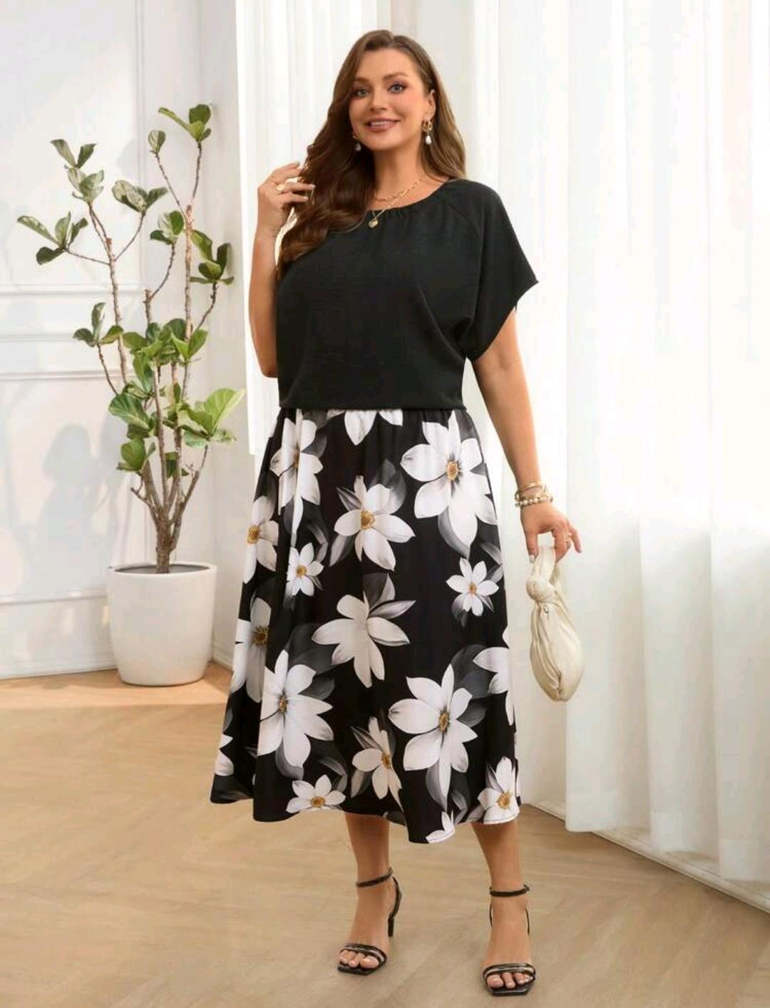 Conjunto elegante de 2 piezas de blusa de manga corta de cuello redondo de unicolor y falda con estampado floral, talla grande.
