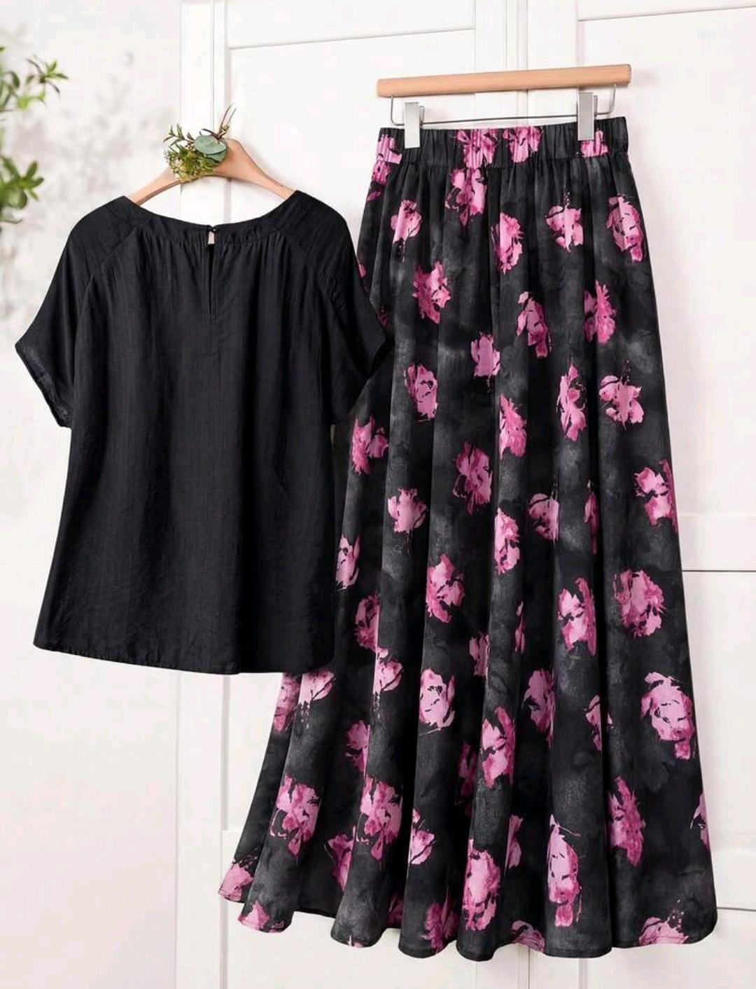 Rusticease Conjunto de 2 piezas de verano casual para mujer con parte superior de unicolor y falda con estampado floral.