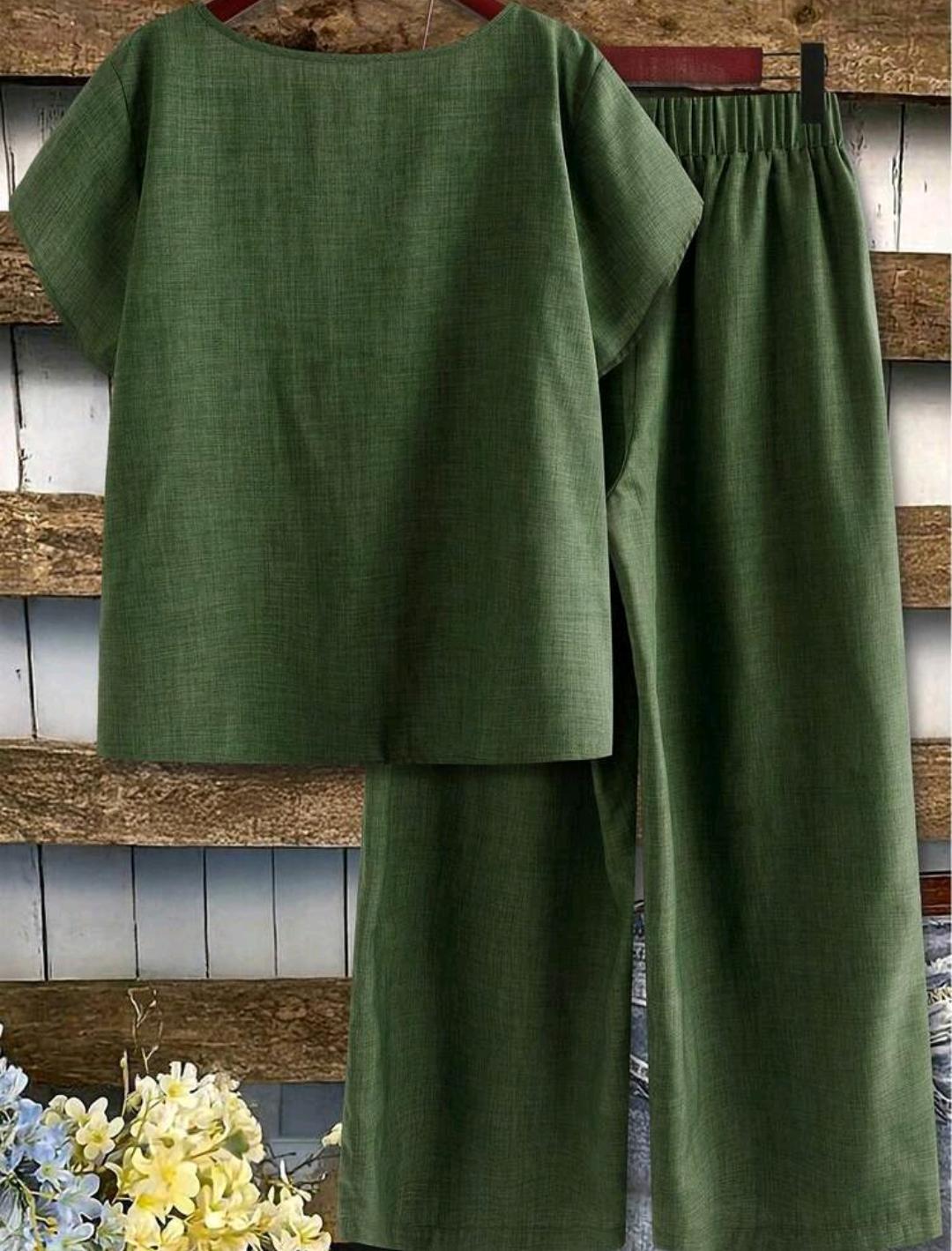 Conjunto de blusa lisa y pantalón ancho estampado | Bajo pedido