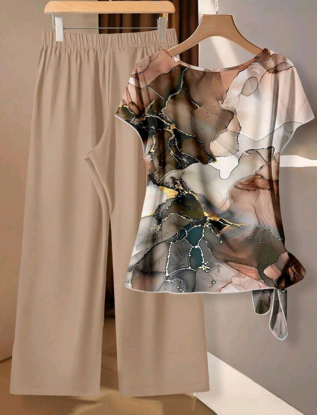 Conjunto Ámbar de blusa estampada y pantalón de pierna ancha | Bajo pedido