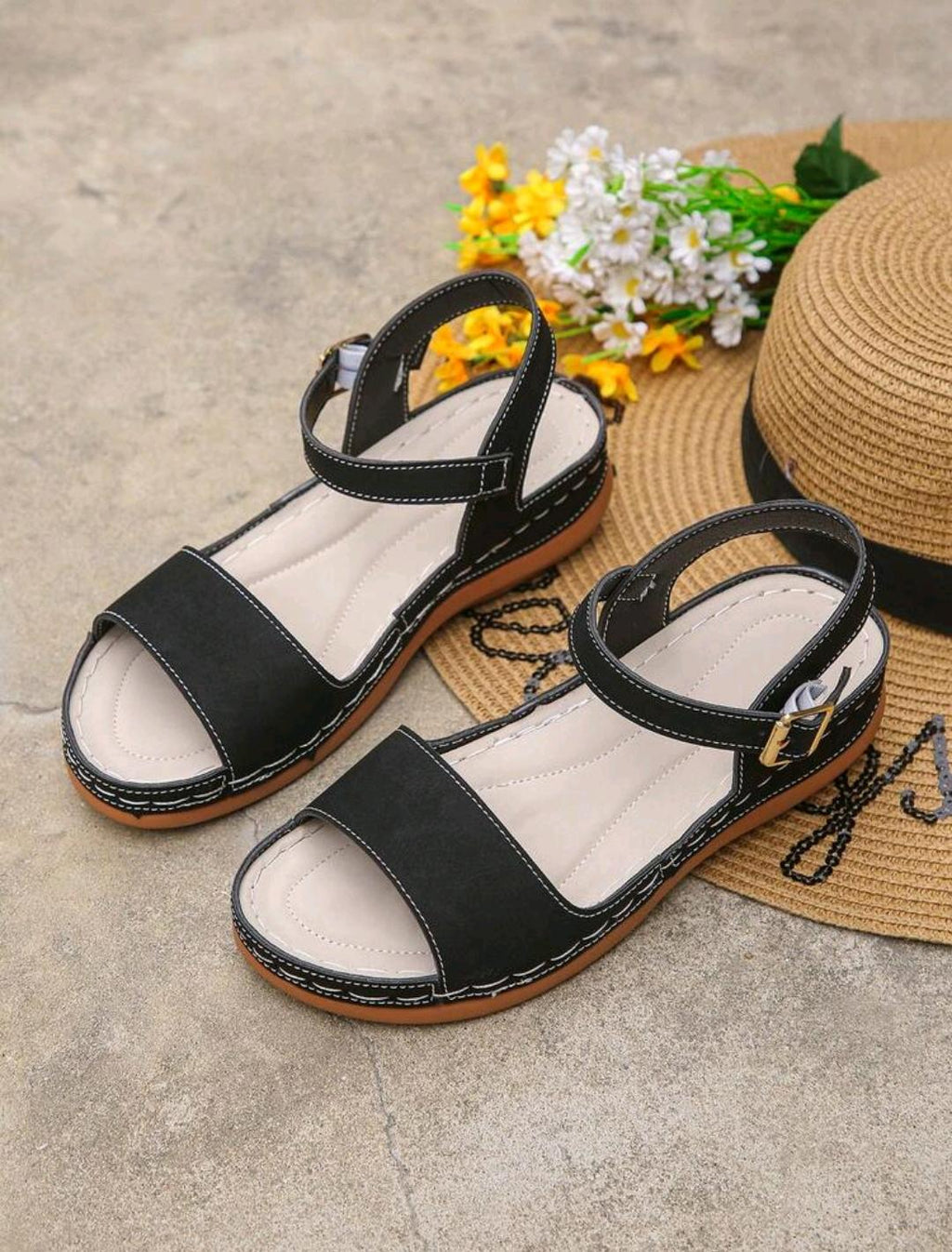 Sandalias para mujer, sandalias negras de verano, esencial para vacaciones, cómodas y ligeras, diseño de hebilla única, elegantes y a la moda
