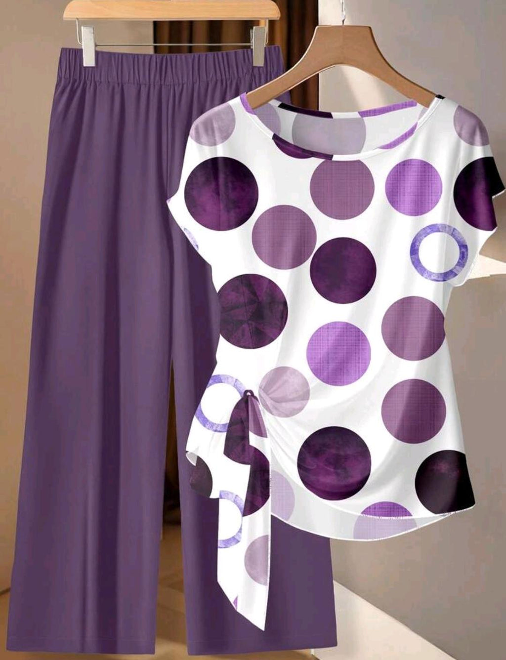 Set de 2 piezas: Blusa con nudo delantero y estampado de lunares, y pantalones rectos relajados, adecuado para vacaciones de primavera/verano