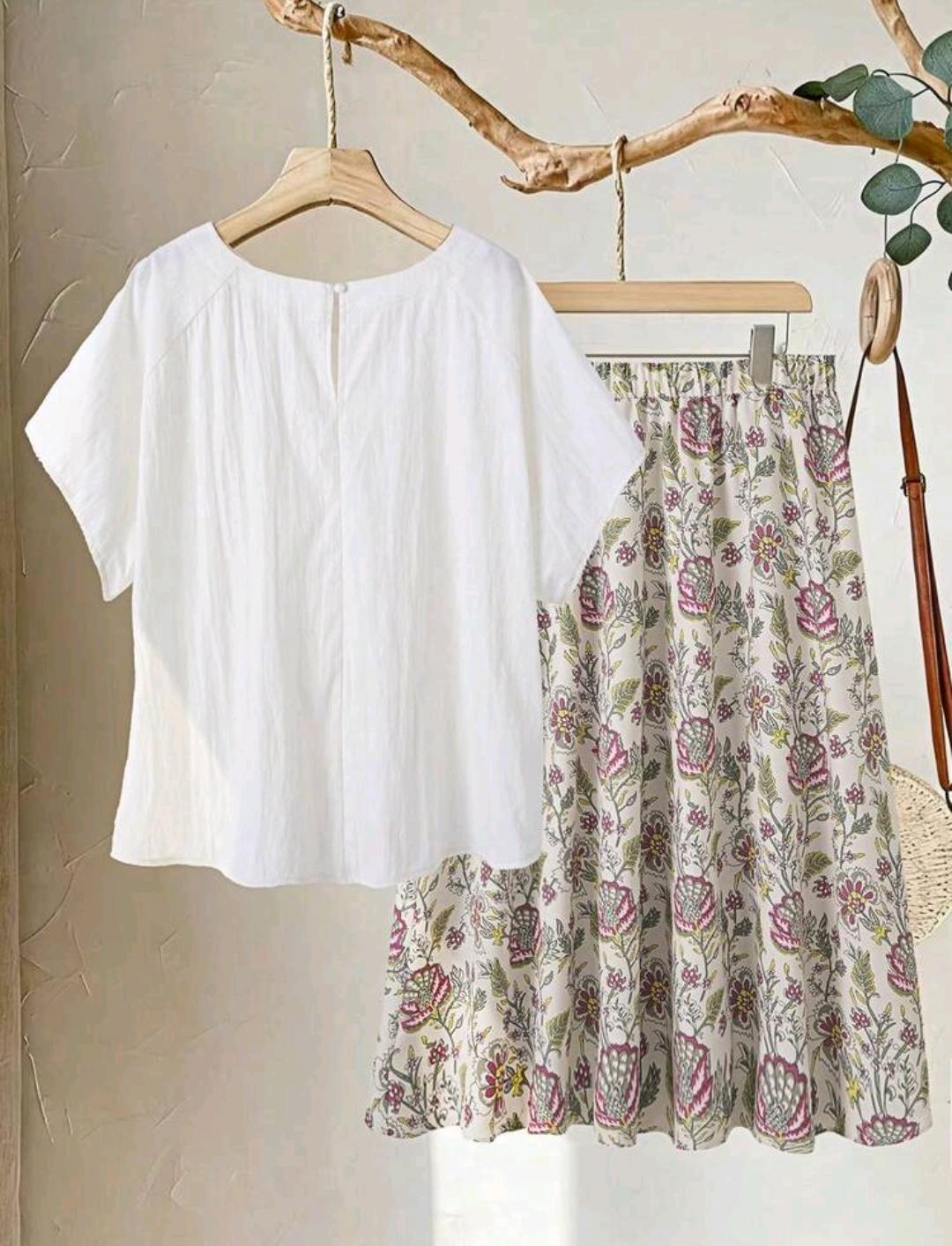 Conjunto de 2 piezas para mujer talla grande, top suelto color crema, estilo boho y falda con estampado floral, para verano, despedida de soltera, vacaciones, picnic, días festivos, atuendo casual y modesto