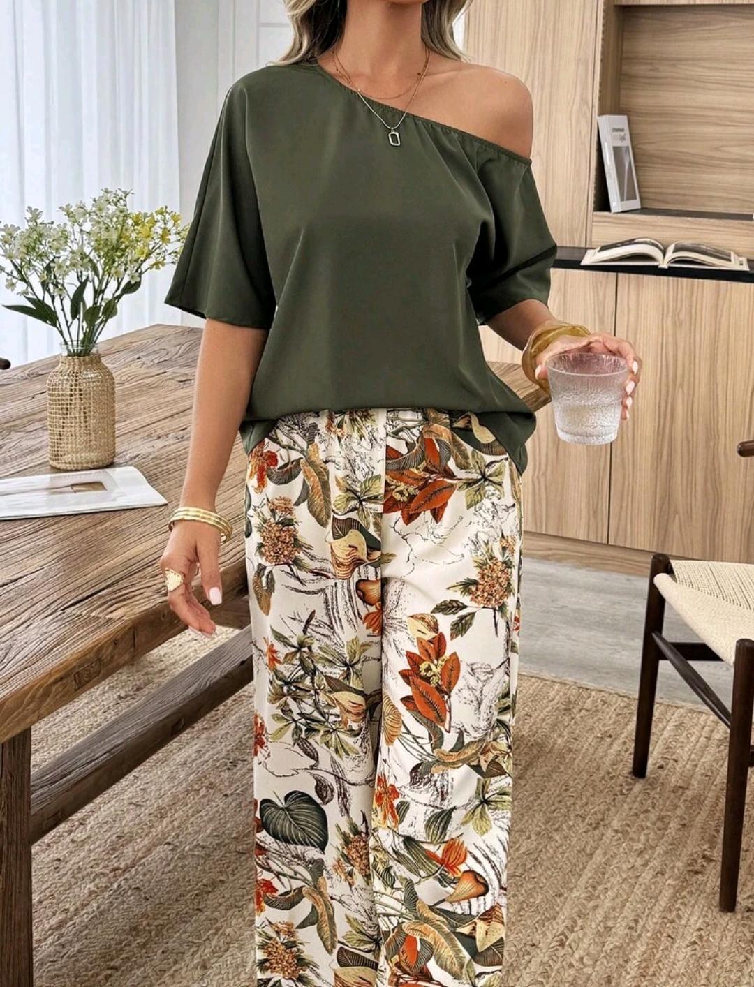 Conjunto casual de 2 piezas para vacaciones con top de hombro asimétrico con estampado de hojas y pantalones de pierna recta, primavera/verano, para mujeres.