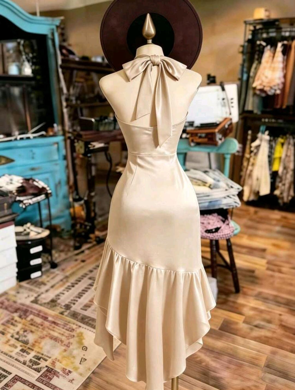Vestido elegante con cuello halter y volantes | Bajo pedido