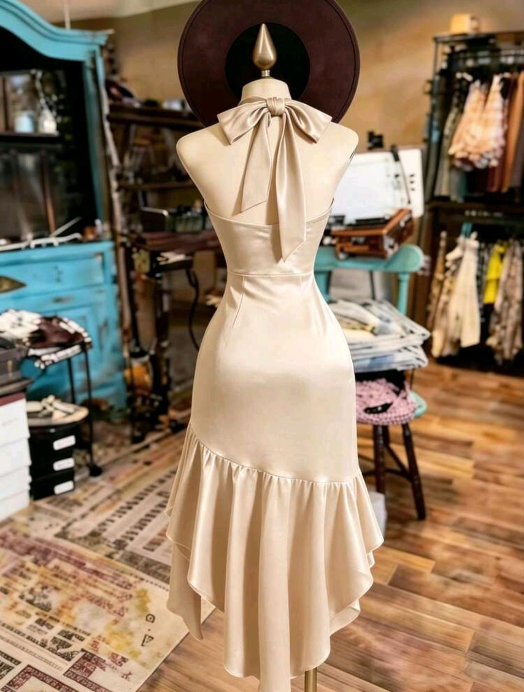 Vestido elegante con cuello halter y volantes | Bajo pedido