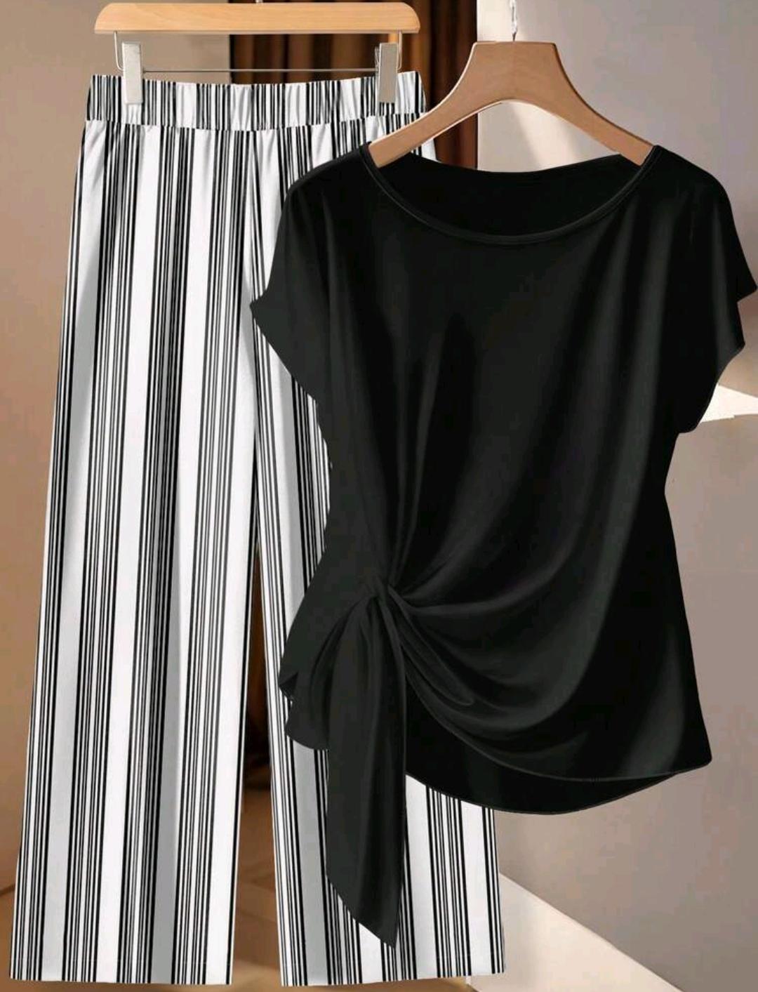 SHEIN VCAY Conjunto informal de 2 piezas con estampado de rayas, adecuado para el verano, talla grande.