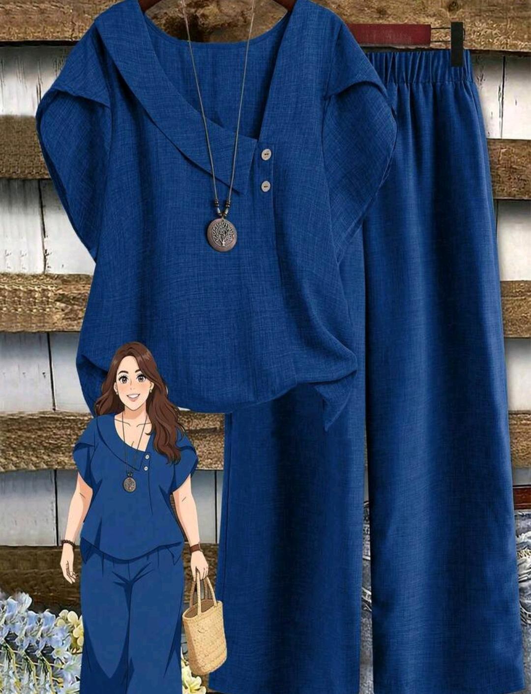Conjunto de blusa lisa y pantalón ancho estampado | Bajo pedido