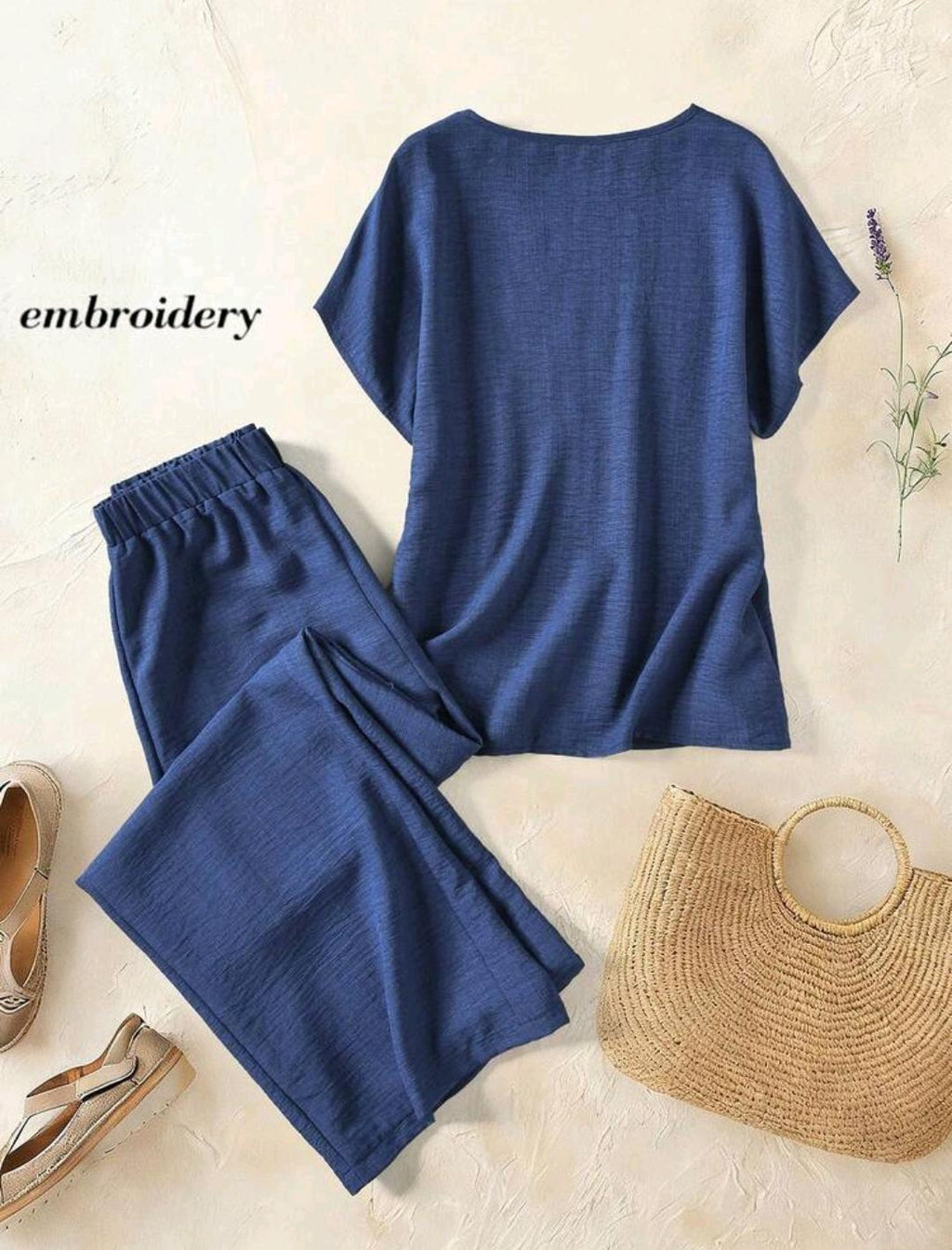 Rusticease Conjunto de 2 piezas de top de manga corta y pantalon largo para mujer talla grande, ropa de verano y primavera, estilo campestre, oficina, vacaciones, formal, azul marino, casual, suave y con forma.
