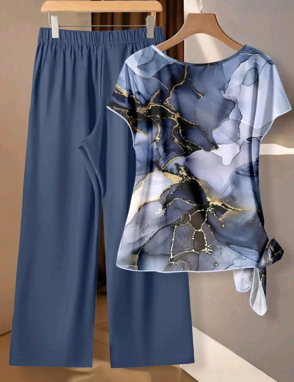 Conjunto Ámbar de blusa estampada y pantalón de pierna ancha | Bajo pedido
