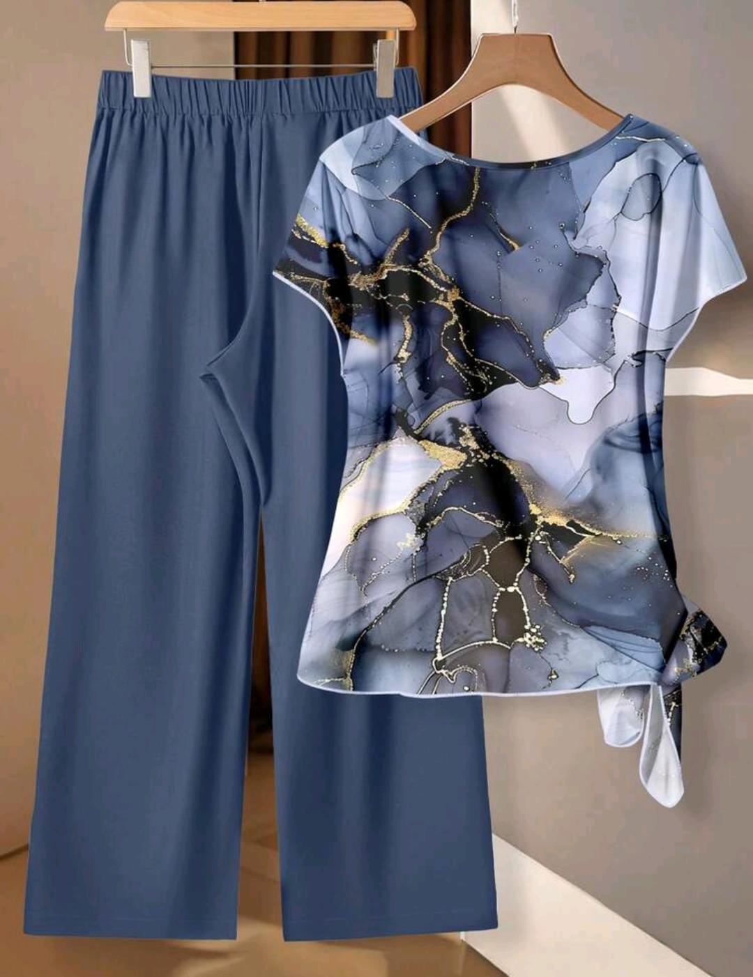 Conjunto Ámbar de blusa estampada y pantalón de pierna ancha | Bajo pedido
