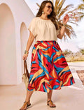 EMERY ROSE Conjunto de 2 piezas de talla grande para vacaciones de verano con blusa de manga murciélago de unicolor y minifalda con estampado total, ropa de verano para mujeres de talla grande, ropa de verano.