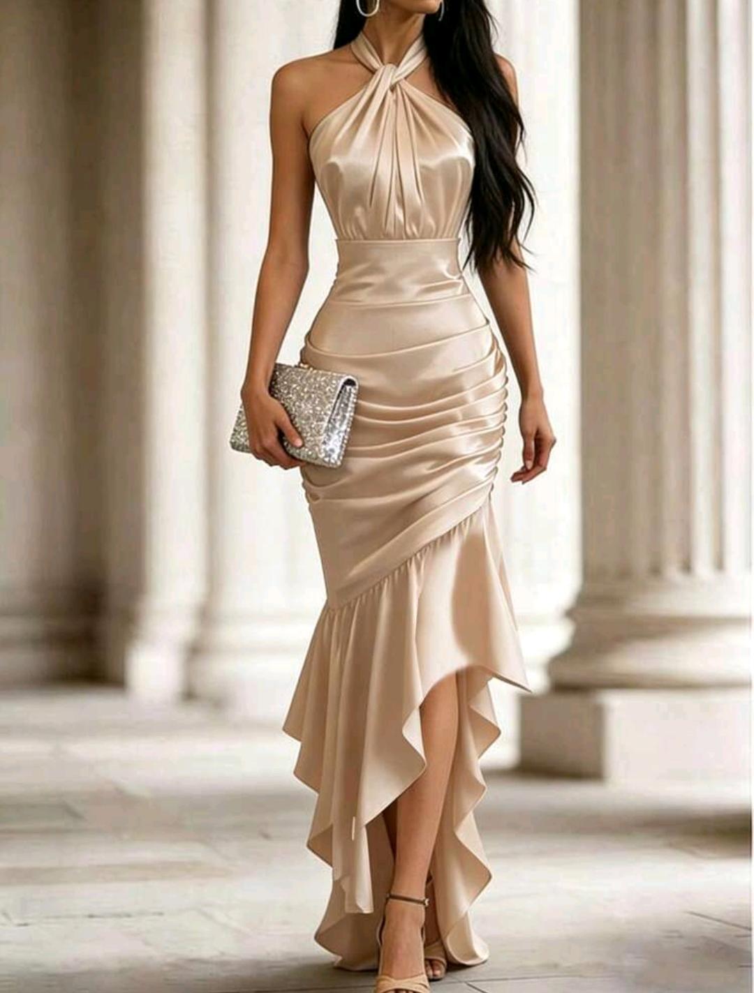 Vestido elegante con cuello halter y volantes | Bajo pedido