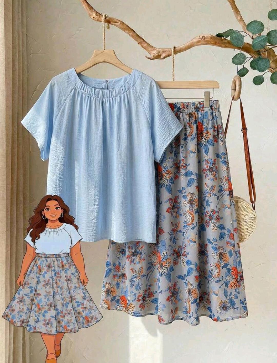 Conjunto de 2 piezas para mujer talla grande, top de manga corta plisado de color azul claro y falda con estampado floral, estilo bohemio de verano, para vacaciones, picnics y días festivos.