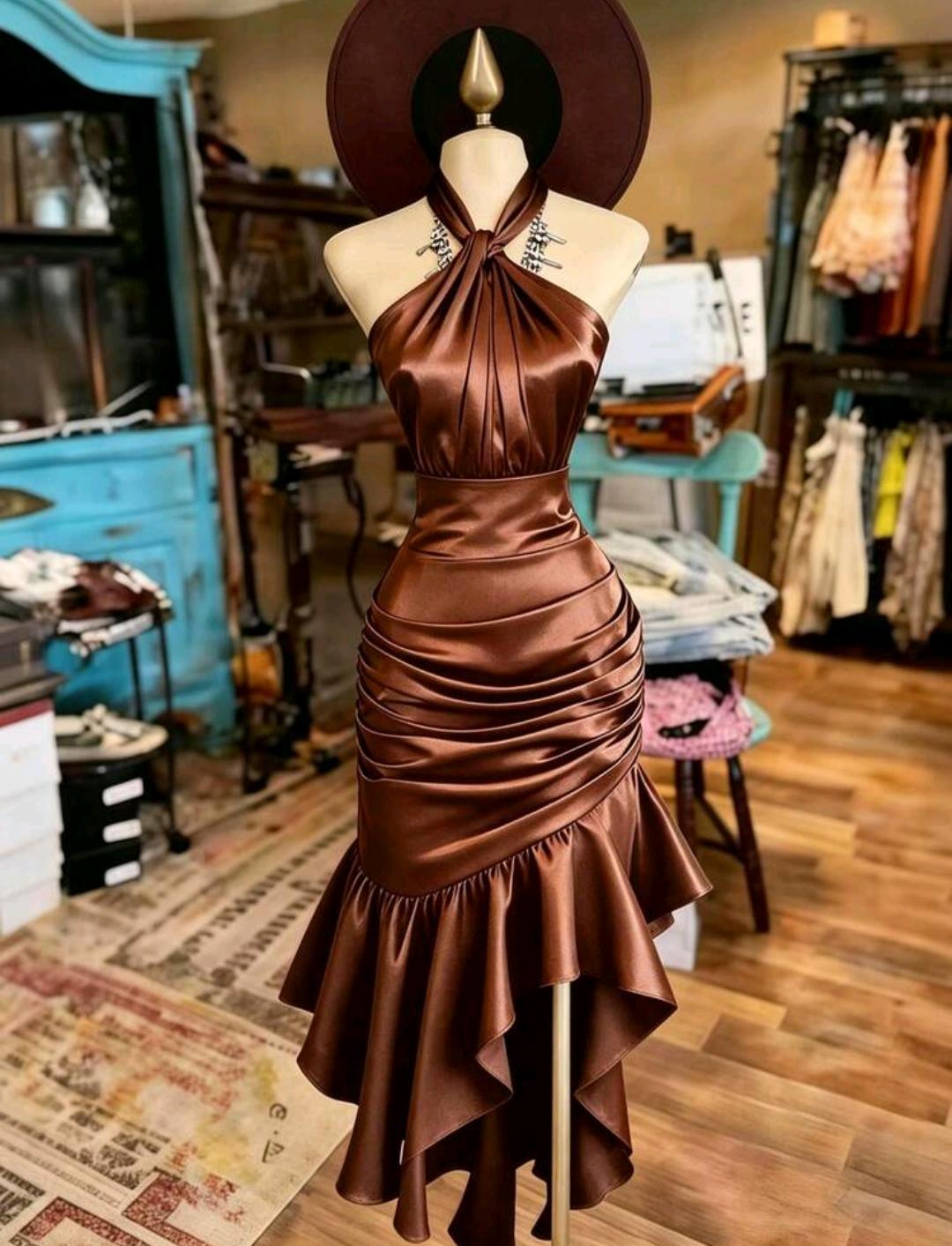 Vestido elegante con cuello halter y volantes | Bajo pedido