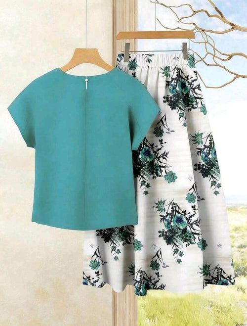 2 piezas Conjunto de blusa casual de unicolor + falda estampada para vacaciones, conjunto de ropa de verano para mujer. Conjunto de falda de verano, Conjunto de falda y blusa, Conjunto de falda y blusa para mujer, Conjunto de falda estampada