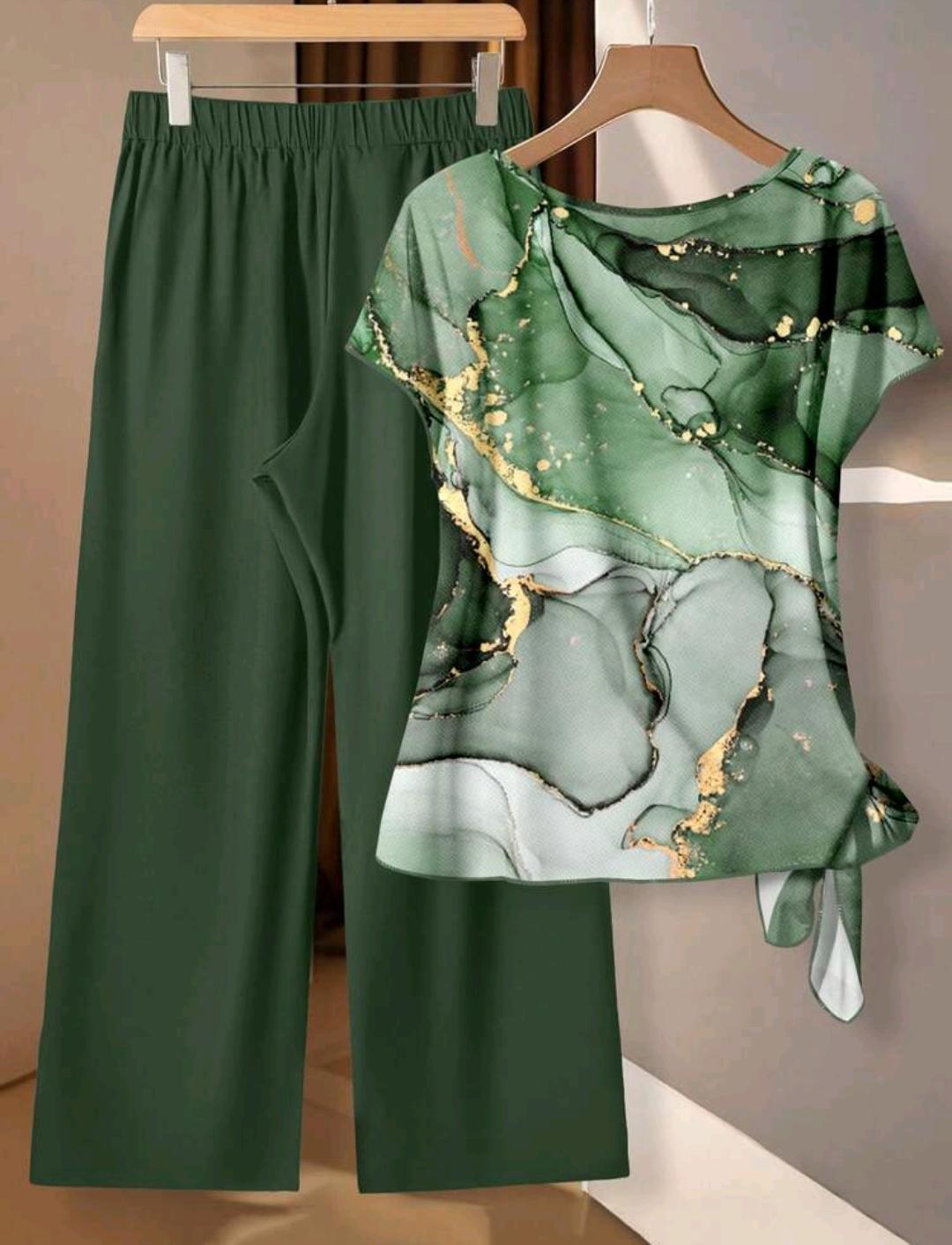 Conjunto Ámbar de blusa estampada y pantalón de pierna ancha | Bajo pedido