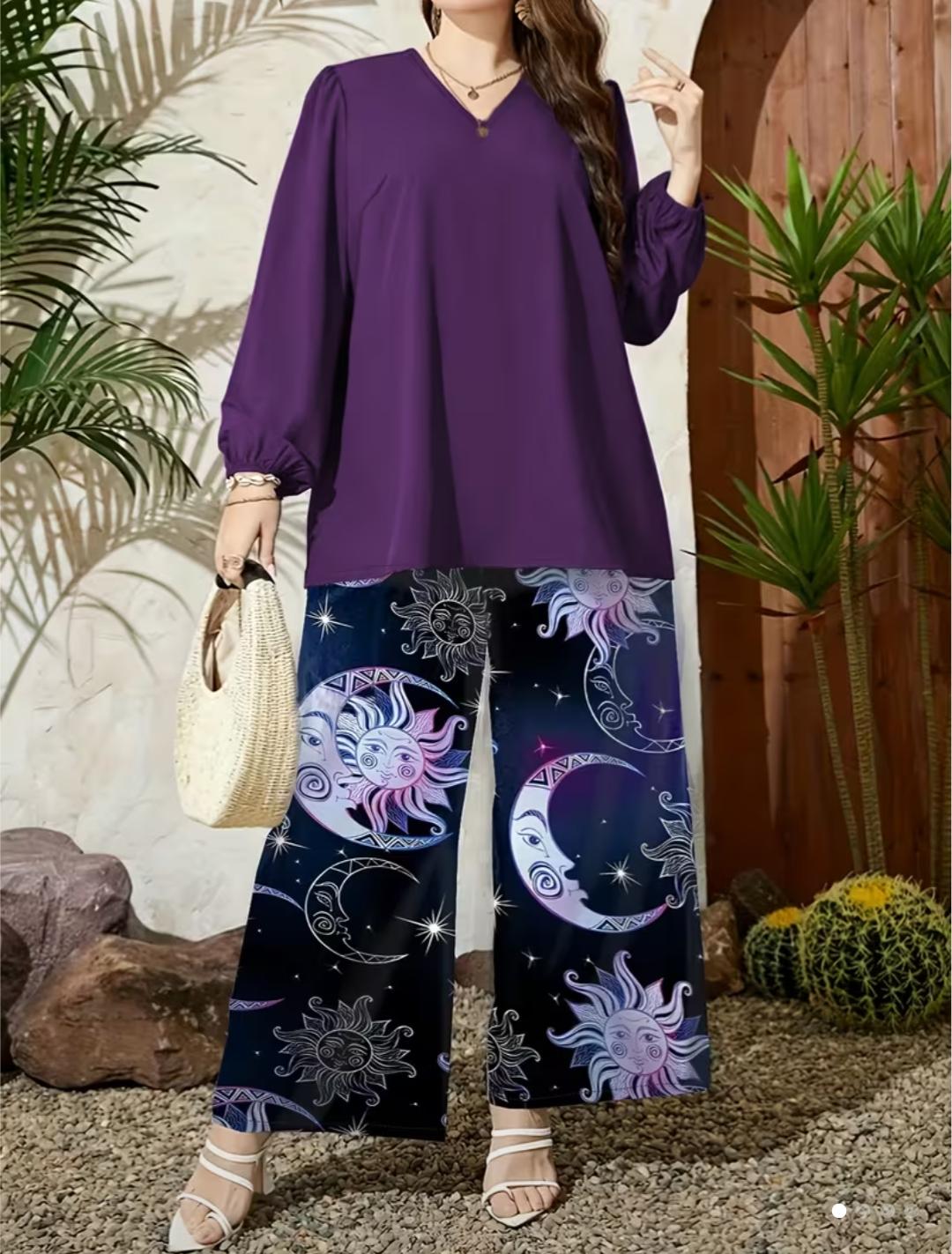 Blusa holgada en color violeta oscuro, diseñada con cuello en V y mangas largas con puños elásticos que aportan un toque elegante e informal, pantalon de pierna ancha con un llamativo estampado místico de sol, luna y estrellas.