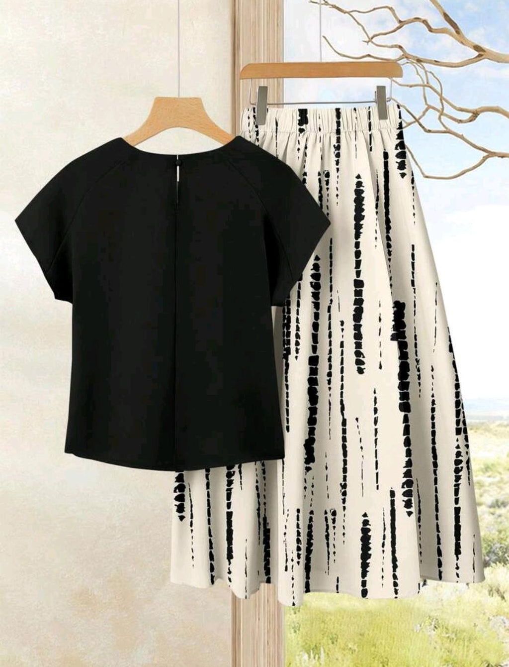 Set de 2 piezas de top sólido negro + falda con estampado de teñido anudado para mujer - Conjunto de falda y top bohemio de verano para playa, crucero, festival de música, boda, viaje a la Ciudad.
